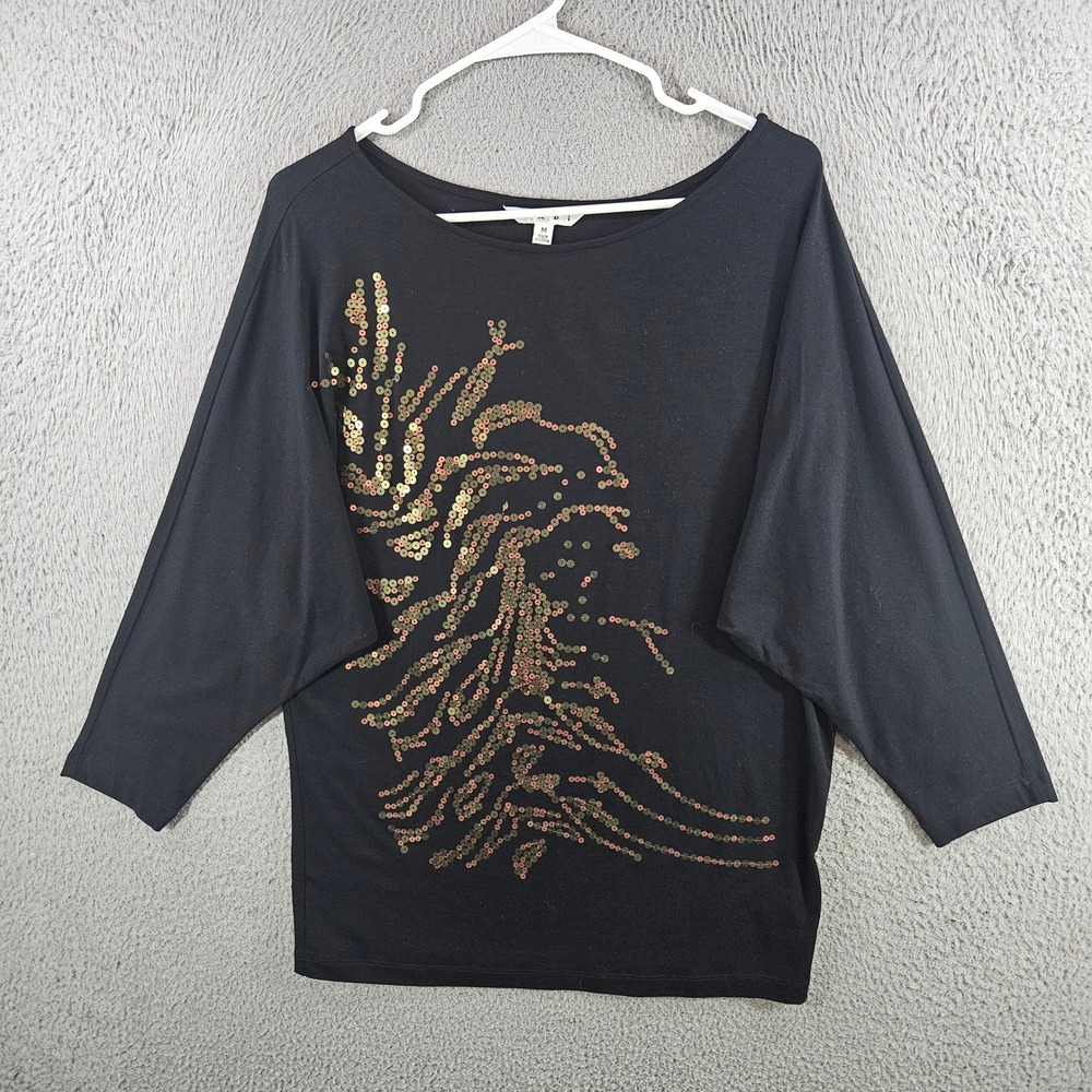 Cabi Womens Black Sequin Feather Boat Neck Dolman‎ Sleeve Knit Top Size M